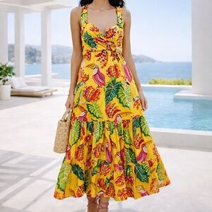 Farm Rio Yellow Beaks & Bananas Maxi Dress Yellow Multi XS